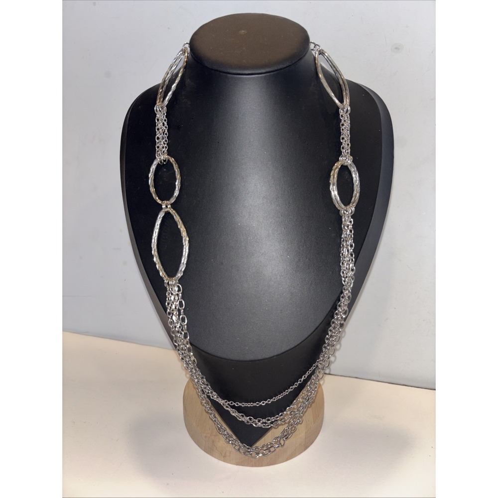 VTG Y2K Silver Tone Multi Strand Chain Necklace  Oval Links Boho Chic 34" Long